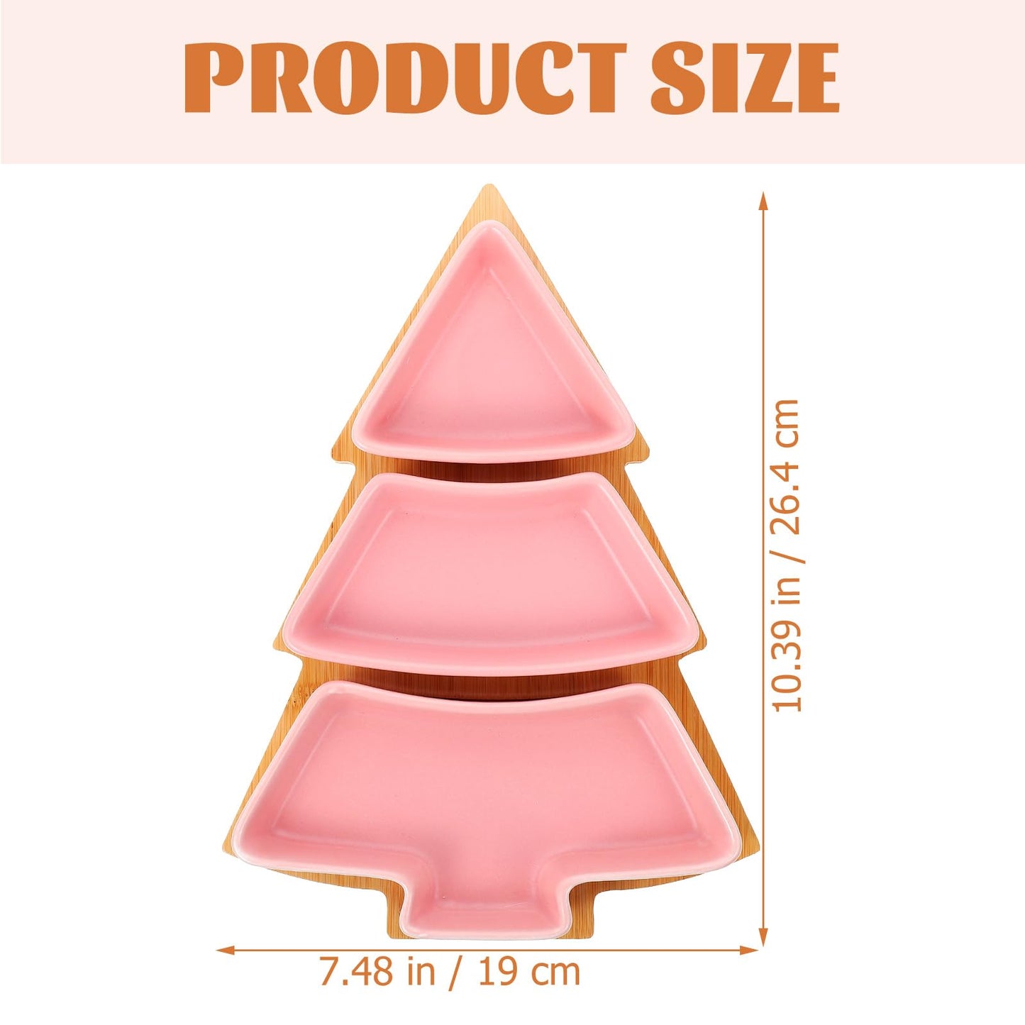 DOITOOL Christmas Tree Ceramic Dish with Wooden Tree Tray, 10.39 in Christmas Tree Shape Serving Tray Platter Set, Festive Tableware for Candy Snacks Fruit Cookie, Holiday Party Supplies (Pink)