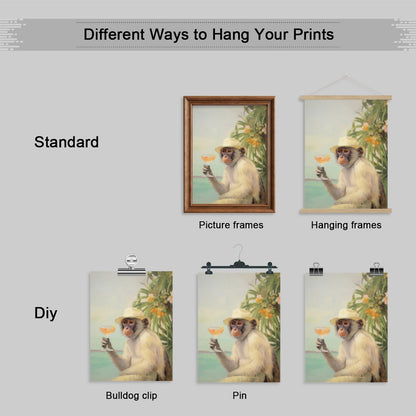 Yuaruo Funky Monkey Cocktail Canvas Wall Art, Retro Bar Cart Room Aesthetic Poster, Cute Funny Animal Painting Print, Cute Monkey on Vacation Dorm Apartment Wall Decor 12x16in Unframed