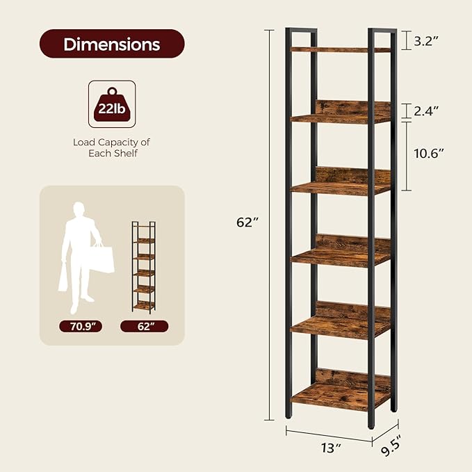 MAHANCRIS Bookshelf, 6-Tier Bookcase, Standing Book Shelf