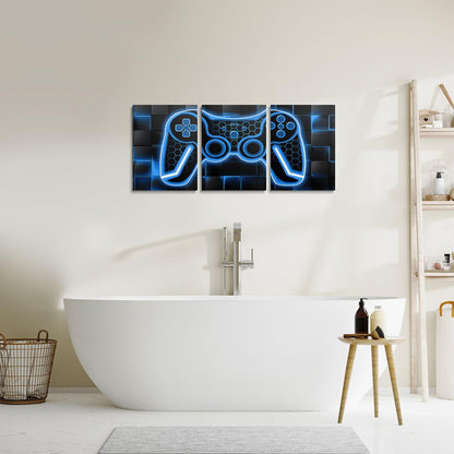 Feelyou Gamer Canvas Wall Art Gaming Bathroom Wall Art for Home Decor 12"x16" 3 Piece for Teens Bedroom Decor Lighting Honeycomb Office Wall Artwork Posters Blue and Black Geometric Wall Painting
