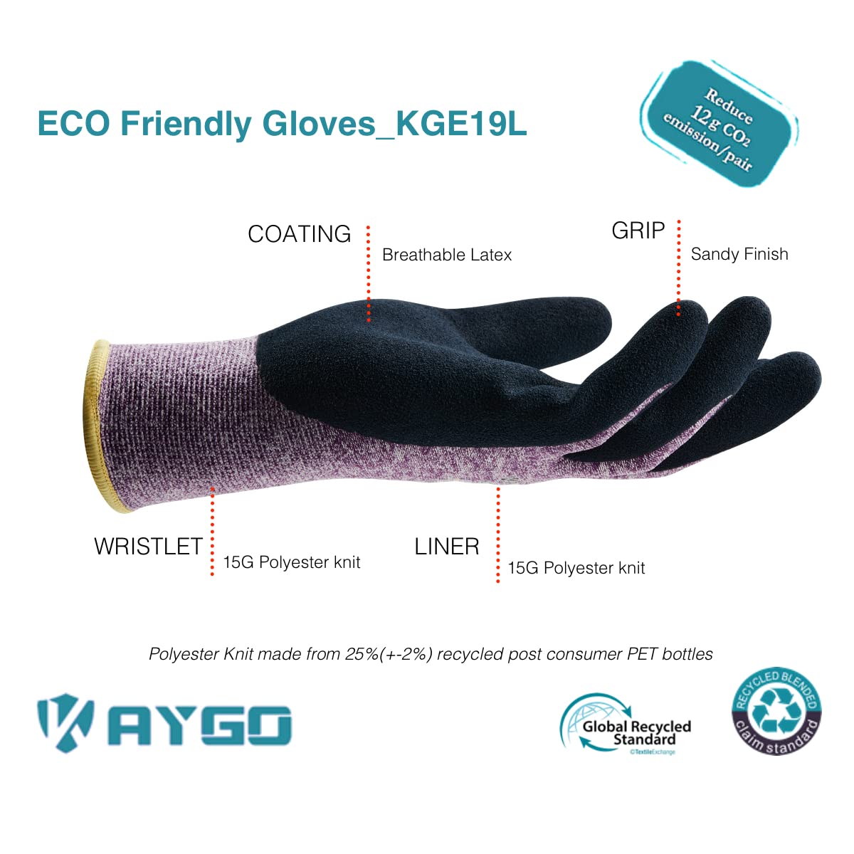 KAYGO Latex Coated Work Gloves for Women Breathable, 3 Pairs Recycled Polyester Gardening Gloves, Eco Friendly Safety Yard Work Gloves for Ladies, KGE19L (Purple, Small)