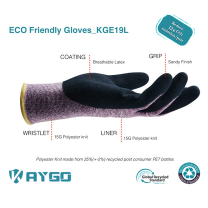 KAYGO Latex Coated Work Gloves for Women Breathable, 3 Pairs Recycled Polyester Gardening Gloves, Eco Friendly Safety Yard Work Gloves for Ladies, KGE19L (Purple, Small)