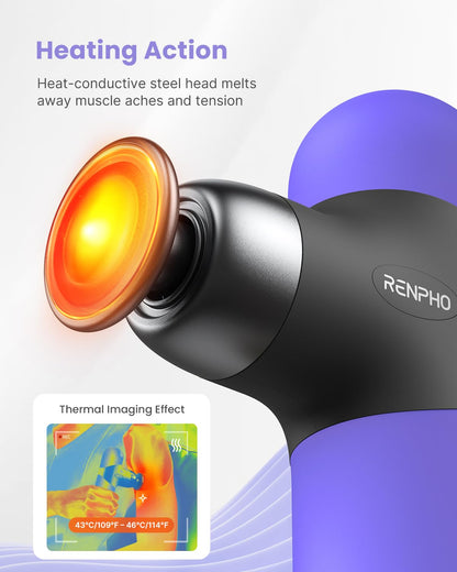 RENPHO Mini Thermal Massage Gun with Heat, Portable Deep Tissue Percussion Massager, Color Silicone Sleeves Travel Size with Carry Case, Grey