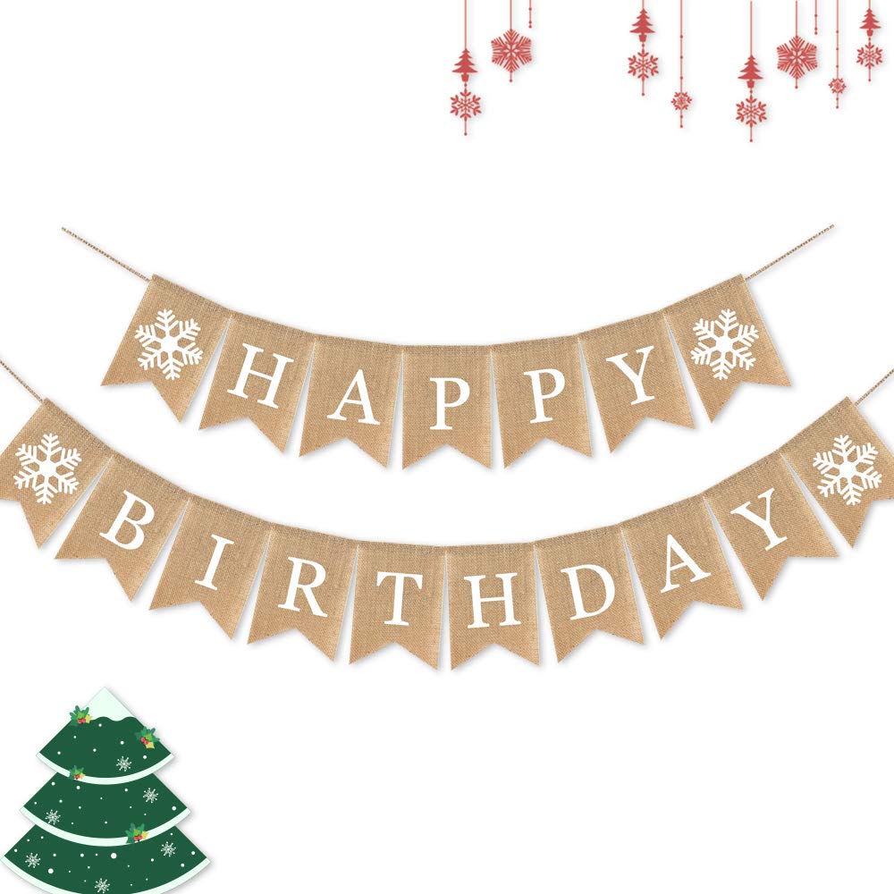 SWYOUN Burlap Happy Birthday Banner with Snowflake Birthday Party Bunting Garland Decoration