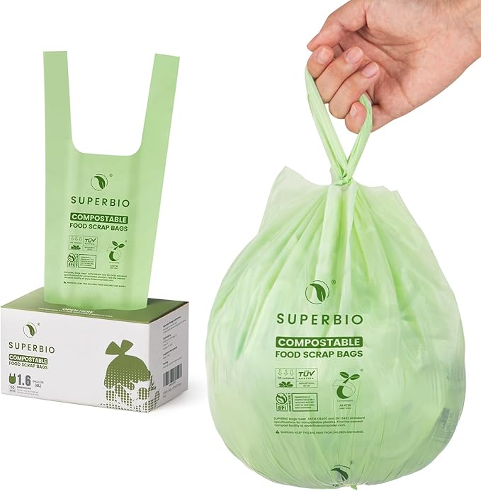 SUPERBIO 1.6 Gallon Handle Tie Compostable Food Scrap Bags