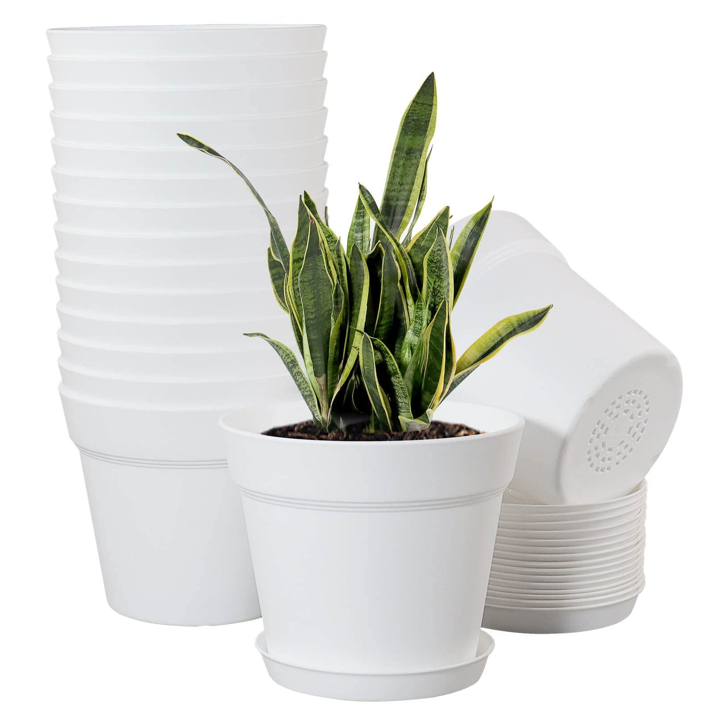 WOUSIWER 16 Pack 6 inch Plastic Planters for Indoor Flower Pots, Heavy Duty and Stylish 6 Inch Plant Pots for Indoor Plants with Drainage Holes and Tray for Plants, Flowers, White