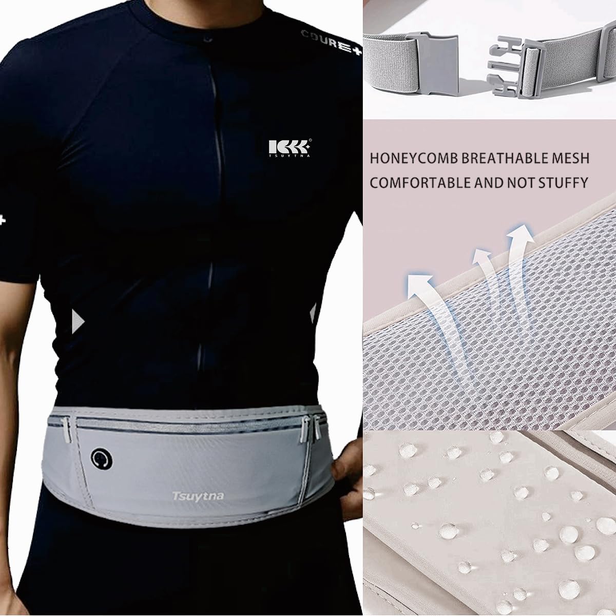 TSUYTNA Running Belt for Women & Men - Slim Phone running belt with Water-Resistant Phone Holder, 3 pockets Adjustable Waist Strap, Reflective Safety Design for Running, Hiking, Travel，Fitness (Grey)