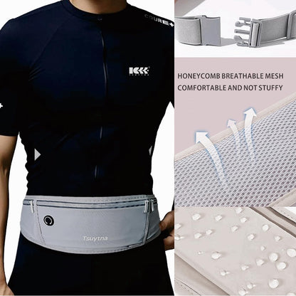 TSUYTNA Running Belt for Women & Men - Slim Phone running belt with Water-Resistant Phone Holder, 3 pockets Adjustable Waist Strap, Reflective Safety Design for Running, Hiking, Travel，Fitness (Grey)