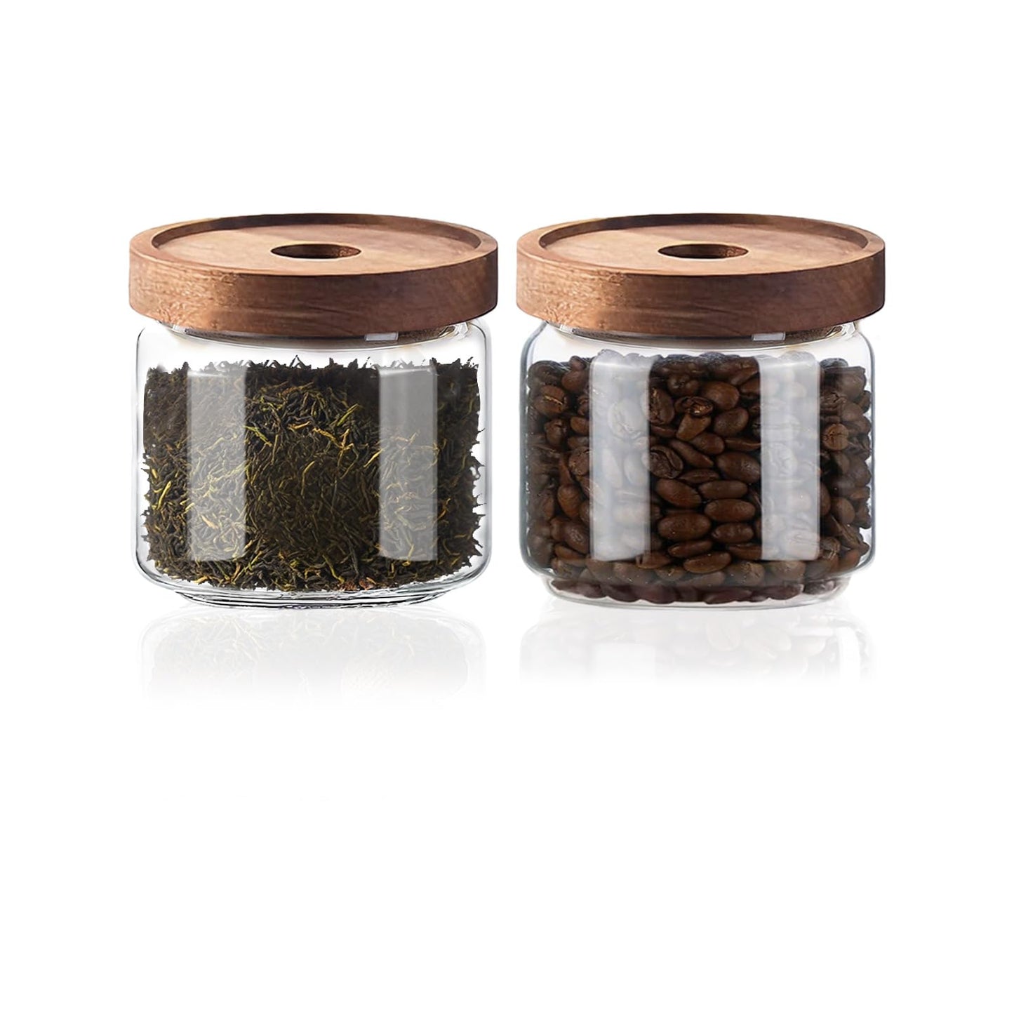 Glass Jars with Airtight Wood Lids - 11 oz Mini Kitchen Pantry Storage Containers, Stackable Decorative Canisters for Chia Seed, Sugar, Tea, Spice, Salt, Matcha, Nuts, Sauce, Cocoa powder, Set of 2