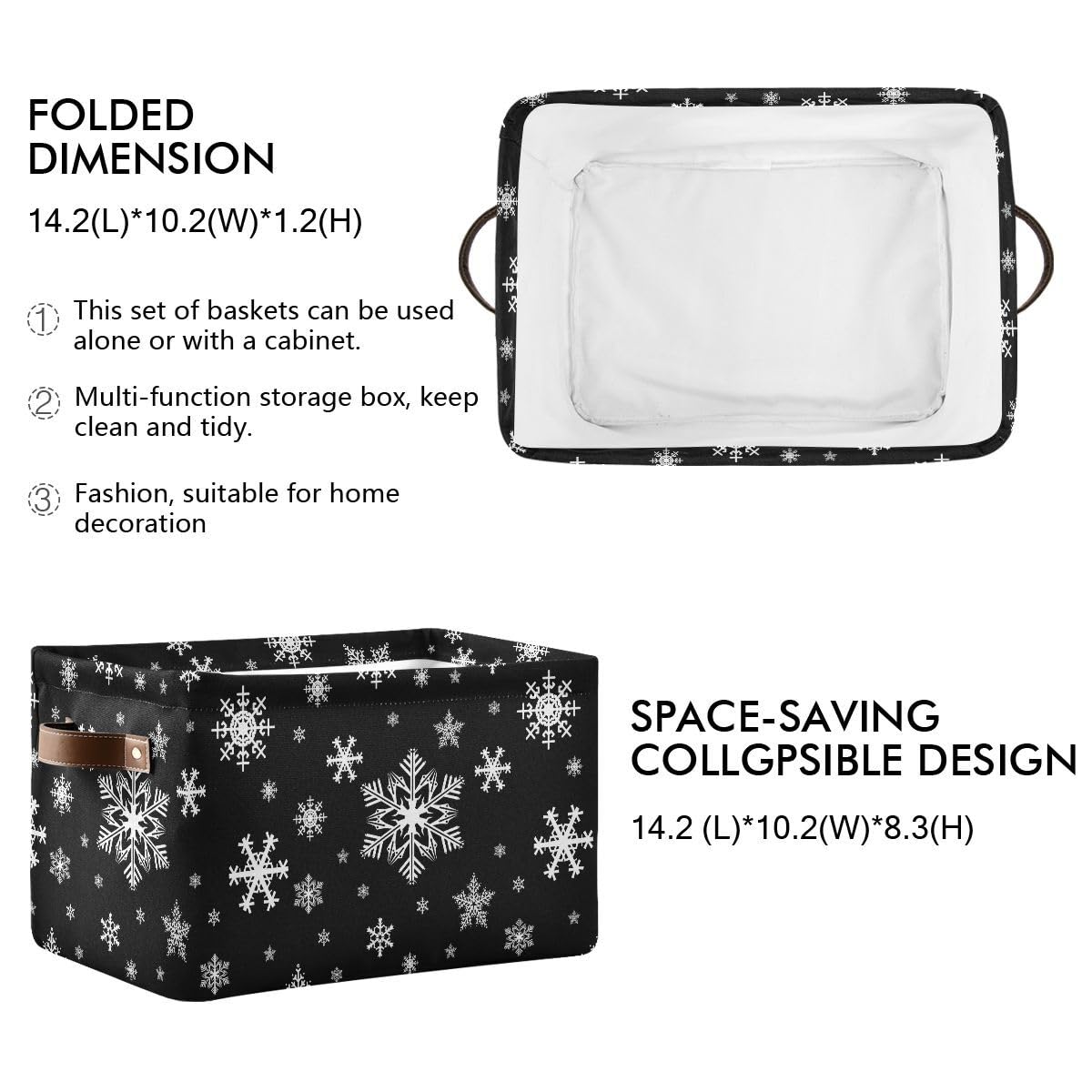 Winter Snowflake Black Storage Basket Fabric Kitchen Baskets Christmas Holiday Open Home Storage Bins Boxes Foldable Organizer Bag for Baby Cloth Xmas Baskets 16×12×8 Inches