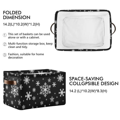 Winter Snowflake Black Storage Basket Fabric Kitchen Baskets Christmas Holiday Open Home Storage Bins Boxes Foldable Organizer Bag for Baby Cloth Xmas Baskets 16×12×8 Inches