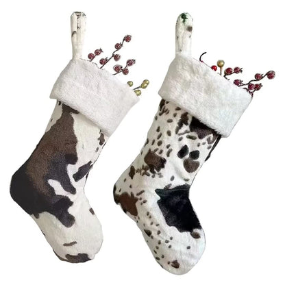 OLLULL Christmas Stockings, Cow Faux Fur Large Xmas Stockings Hanging Ornaments 2 Pack 20 Inch
