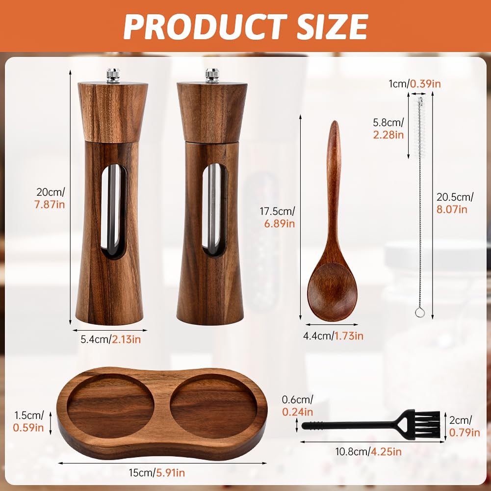 2 Pack Wooden Salt and Pepper Grinder Set with Spoon,Cleaning Brush,8 Inch Refillable Salt and Pepper Shakers,Manual Spice Mills with Clear View Window-Adjustable Coarseness