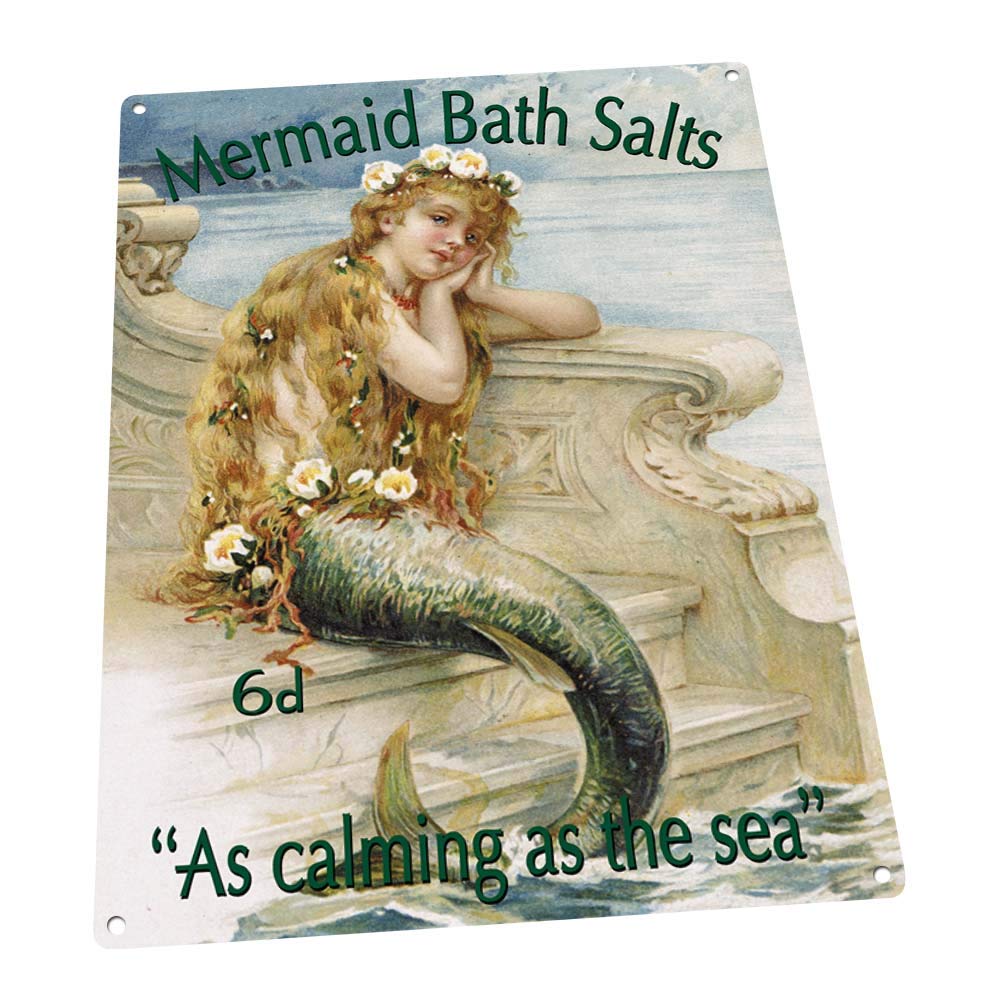Mermaid Bath Salts Metal Sign: Surfing and Tropical Decor Wall Accent