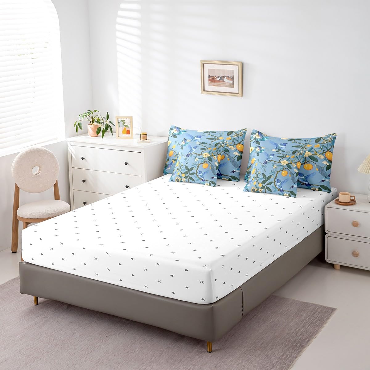Erosebridal Hummingbirds Bedding Set for Kids Teens,Oil Painting Fruit Comforter Set King Size,Lemon Tree Branches (Comforter+Fitted+Flat Sheet+2 Pillowcases+2 Throw Pillow Covers) 7 Pieces Bed Set