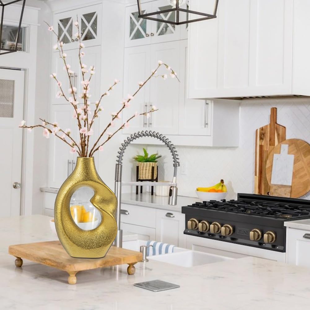 Gold Donut Vase Set of 2 - Modern Ceramic Vases for Centerpieces, Shelf, Entryway, Coffee Table & Living Room Decor