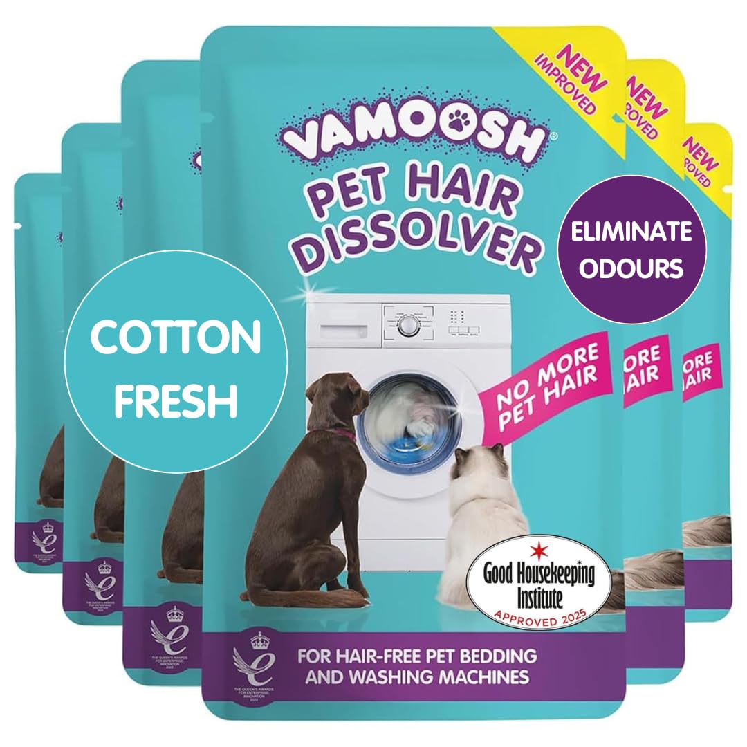 Vamoosh Pet Hair Dissolver - Pet Hair Remover for Washing Machines, Cotton Fresh 6x100g, Eliminates Odours and Dirt, Dissolves Dog, Cat, Horse, Animal Fur, Large Pack up to 6 Washes