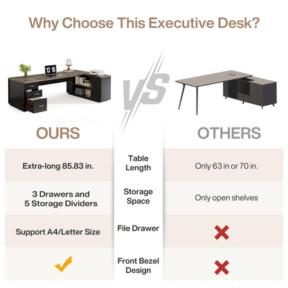 Tribesigns 85.8-Inch L-Shaped Executive Office Desk with File Drawers & Storage Cabinet, Professional Corner Computer Desk Extra Large Business Workstation with Adjustable Shelves (Gray&Black)