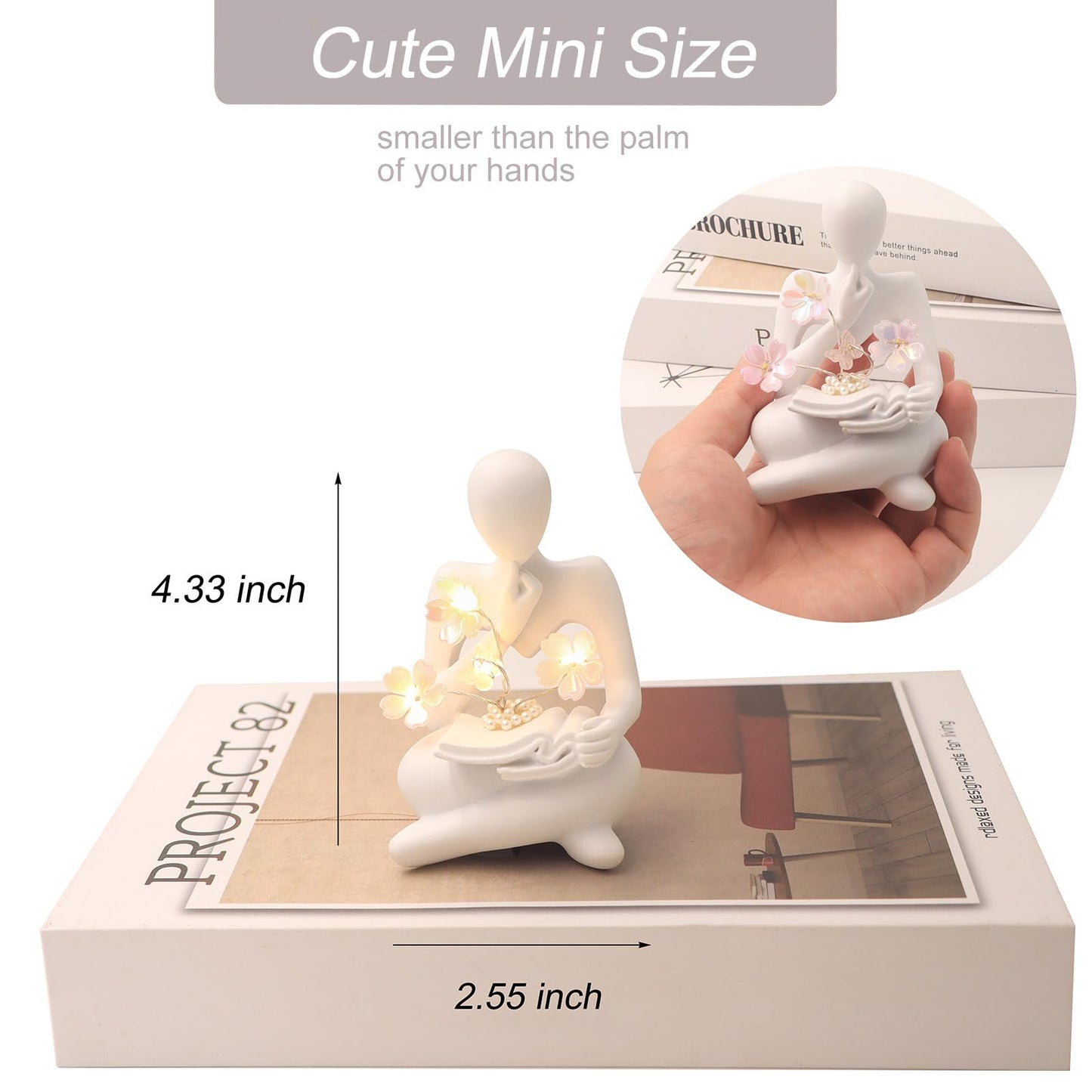 Sewinde Bookshelf Decor Thinker Statue, Battery Powered Night Light, Modern Abstract Reading Figurines Home Decoration, Living Room Office Shelf Table Desk Decor, Aesthetic Gift