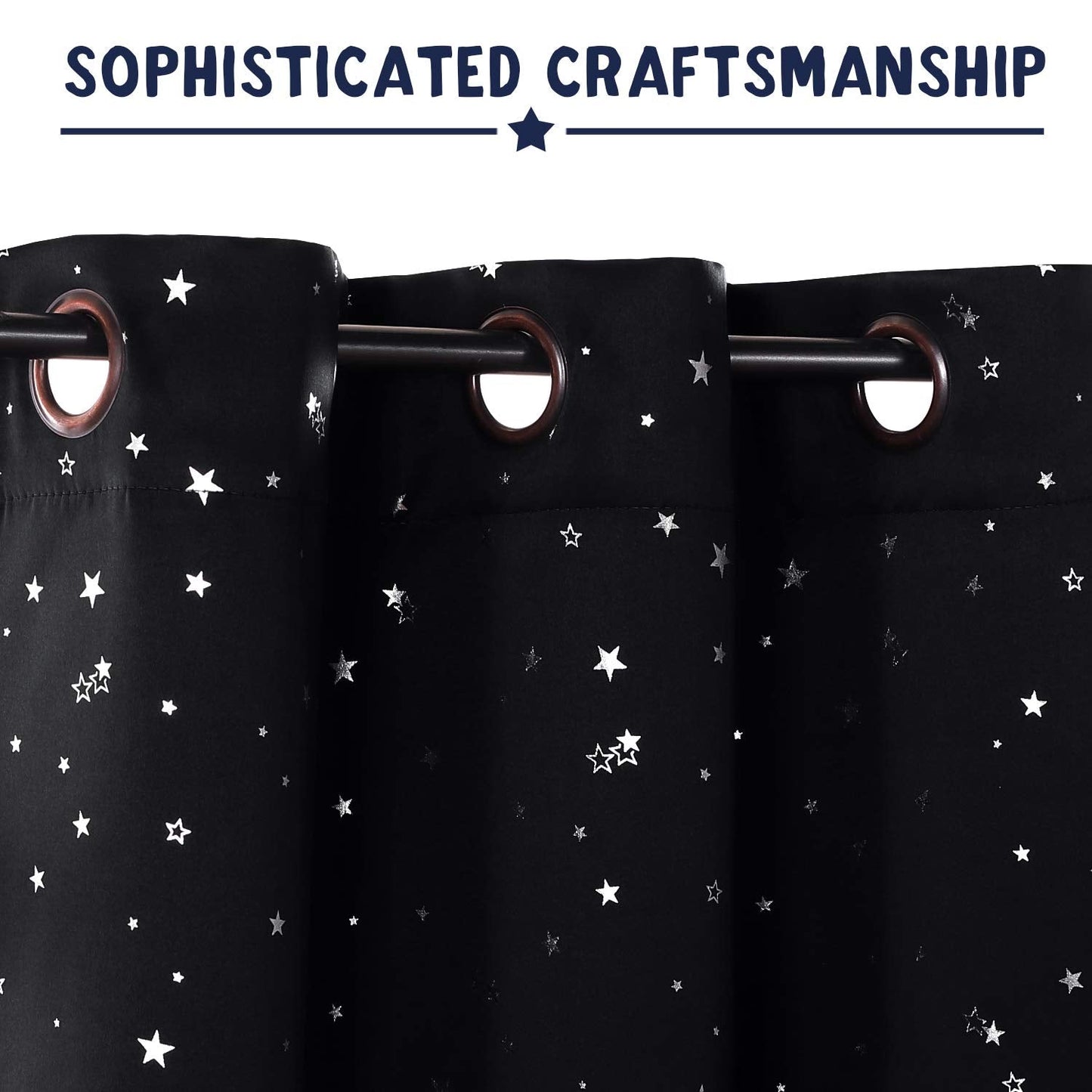 PrinceDeco Blackout Kids Curtains for Bedroom Thermal Insulated Silver Twinkle Star Curtains for Boys Antique Grommet Top Window Treatment 2 Panels Drape for Nursery (52" W x 84" L, Black/Silver)