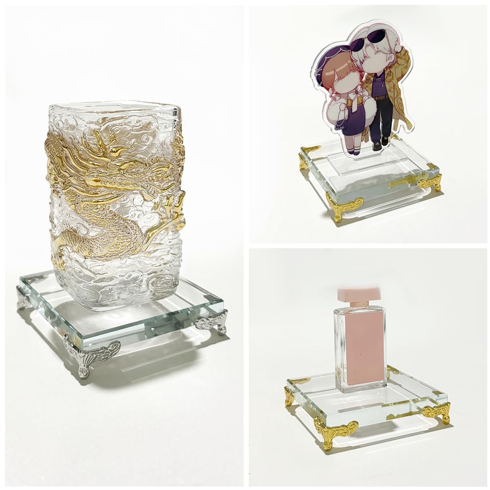 WAYUTO Crystal Glass Square Display Base Transparent Clear Glasses with Metal Supporting Feet Sculpture Decorations Display Stand for Trophy Jewelry Figurines Collectibles Home Decor Silver Supporters