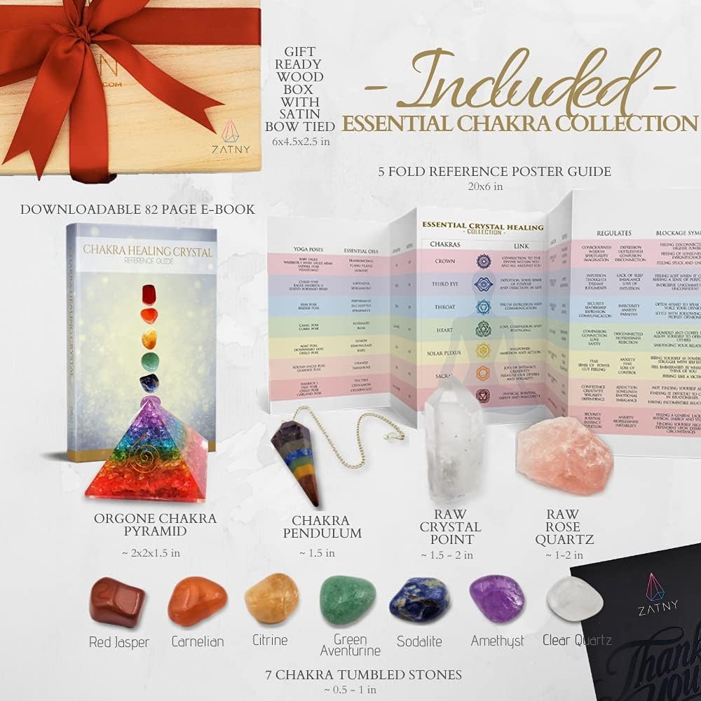 Crystals and Healing Stones Premium Kit Wooden Box - Chakra Stones Healing Crystals Set, Rose Quartz, Amethyst Cluster, Quartz Points, Chakra Pendulum (Aa Essential Chakra Pyramid Collection)