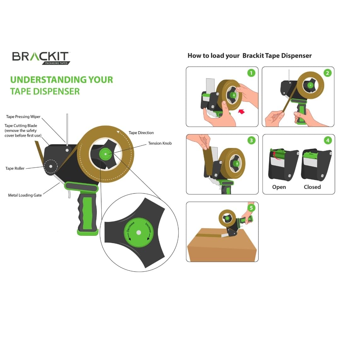 brackit Packing Tape with Dispenser, Brown 48mm x 66m, Pack of 6 Rolls – Strong Heavy Duty Packing Tape for Regular Use or Moving – Easily Seals Your Parcels and Boxes - Packaging Tape Dispenser