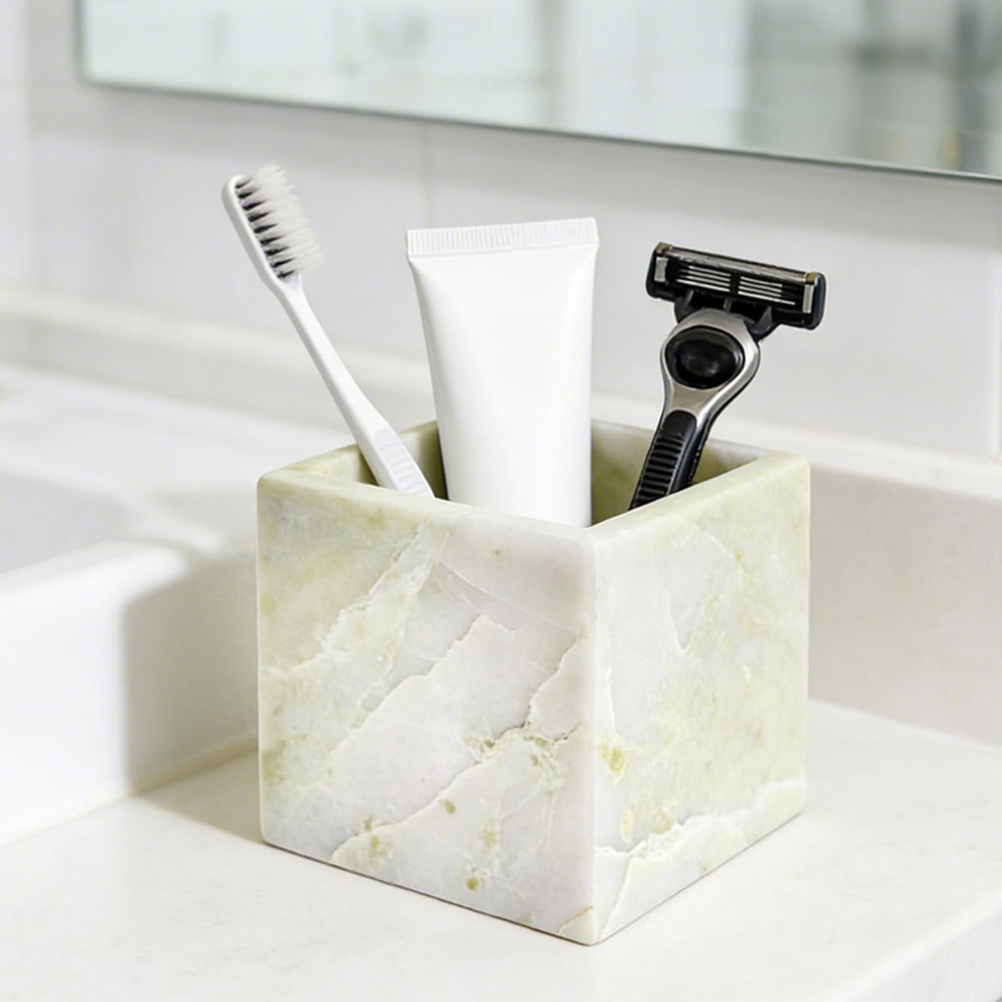 Natural Marble Makeup Brush Holder for Vanity, Toothbrush Holder for Bathroom, Luxurious Countertop Organizer, Green Bathroom Accessories Square