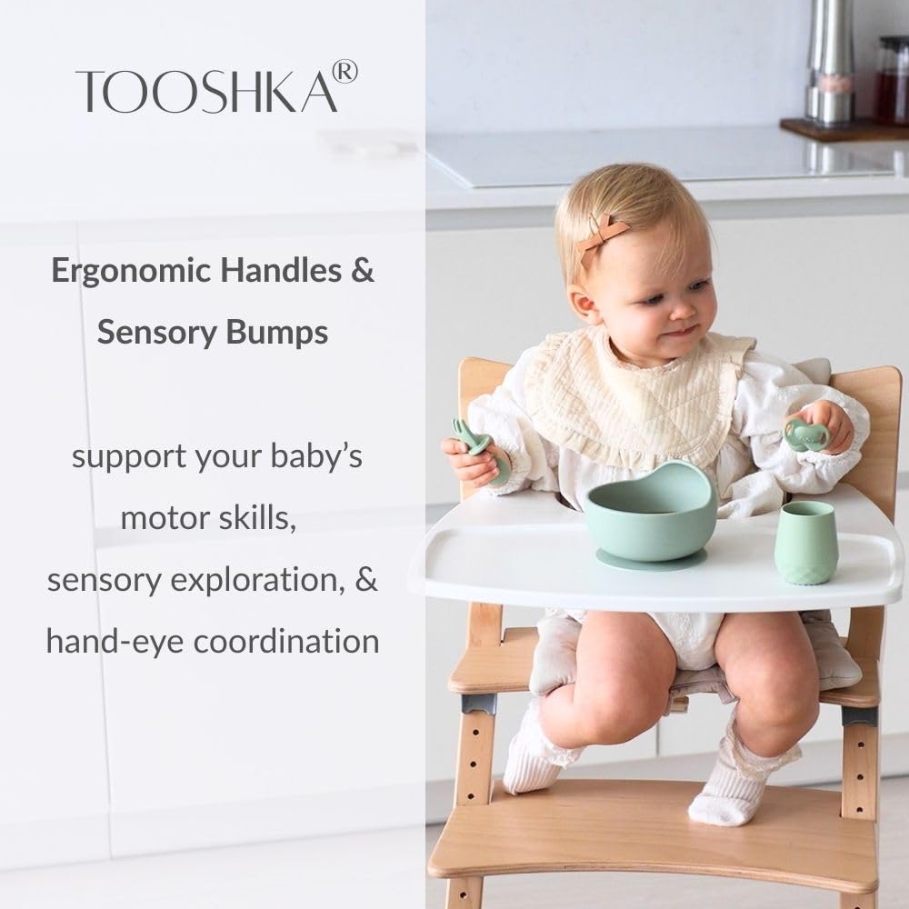 Tooshka® Baby Utensil Set (6 pcs) - Self Feeding Spoons - Silicone & BPA Free - Baby-Led Weaning (BLW) Supplies - Ages 6+ Months - Set of 6 - Brown, Green, & Yellow