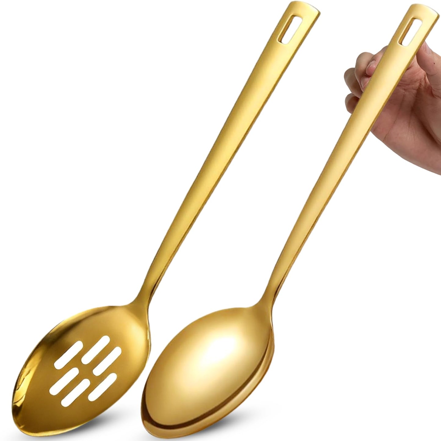 Large Serving Spoons Set, 304 Metal Slotted Spoon Cooking Spoon Buffet Spoons Set for Serving, Tabletop Flatware Utensil, Gold