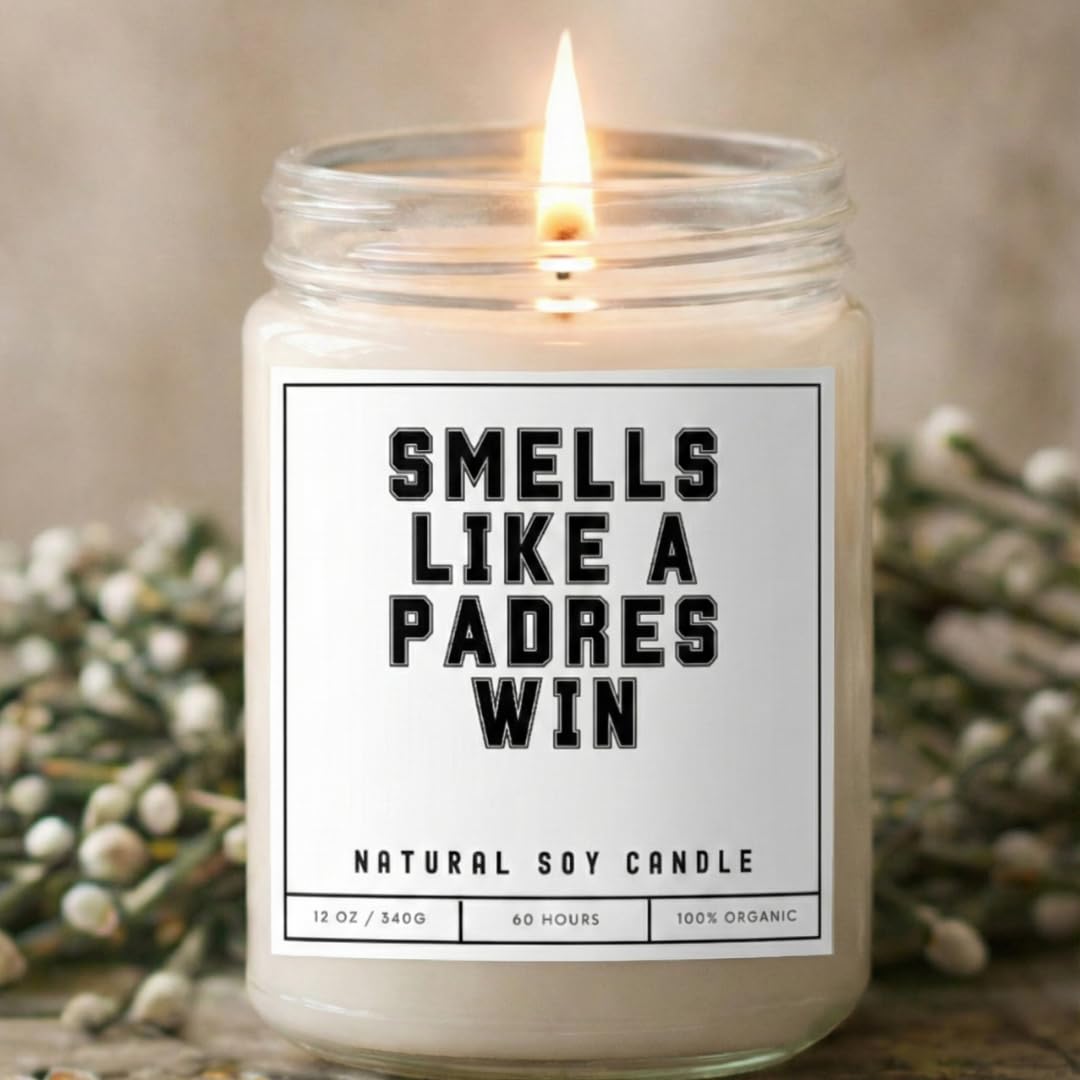 Smells Like a Padres Win Sports Candle- Scented Soy Wax Candle (8.0 oz) 50-60 Hour Burn Time, Cotton Wick, Frosted White Glass Jar, (Vanilla)