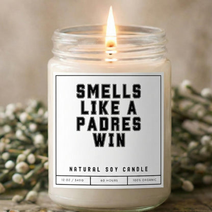 Smells Like a Padres Win Sports Candle- Scented Soy Wax Candle (8.0 oz) 50-60 Hour Burn Time, Cotton Wick, Frosted White Glass Jar, (Vanilla)