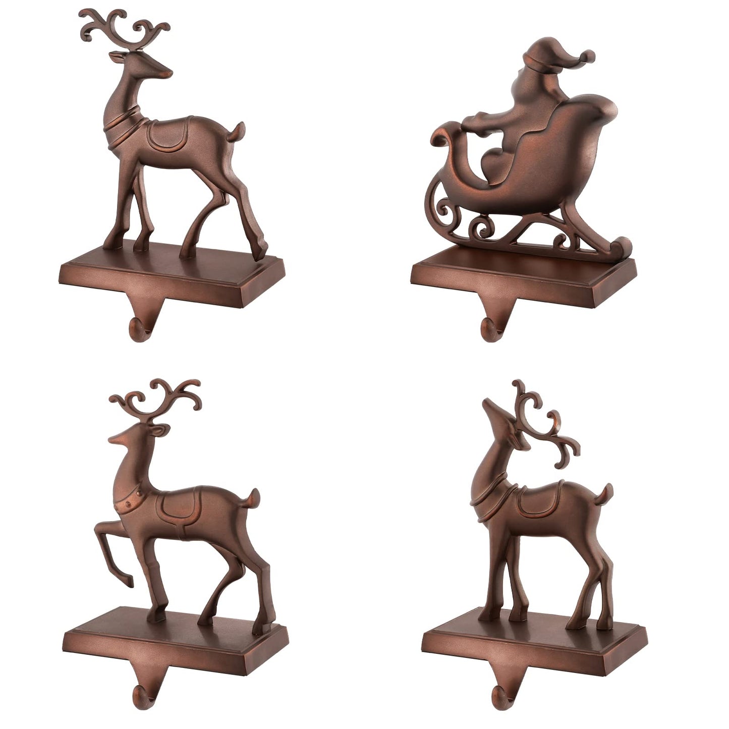 MCEAST Set of 4 Christmas Stocking Holders Santa and Reindeer Mantle Stocking Hangers Metal Christmas Hanging Hooks Safety Hanger Grips for Fireplace Decoration, Black