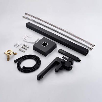 Wowkk Freestanding Bathtub Faucet Tub Filler Black Floor Mount Bathroom Faucets Brass Single Handle with Hand Shower