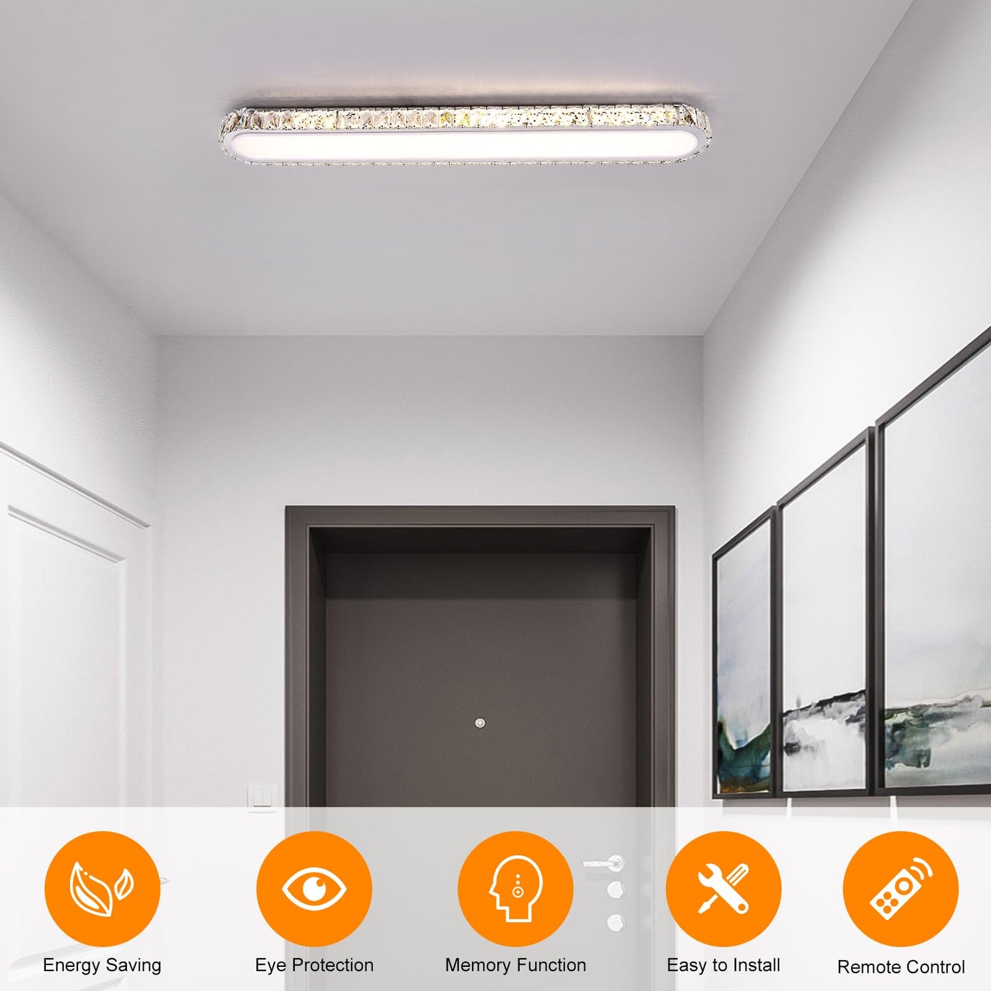 Qcyuui Dimmable LED Ceiling Light 39.4'' Kitchen Lighting Fixtures Ceiling Modern Luxury Crystal Ceiling Light with Remote Chrome Long Ceiling Light Fixture for Kitchen Dining Room Hallway,48W