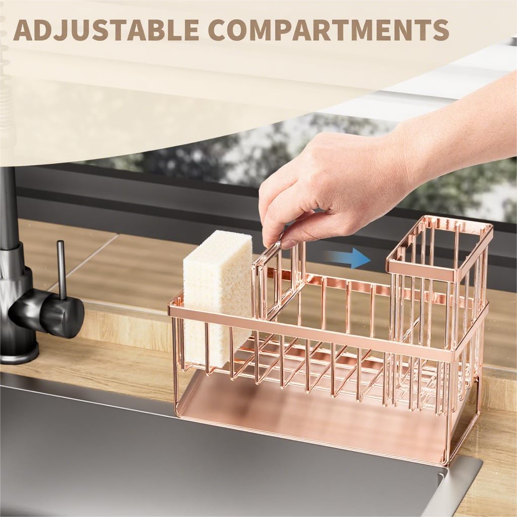 Cisily Kitchen Sink Caddy Organzier with High Brush Holder, Sponge Holder for Sink, 304 Rustproof Stainless, Kitchen Countertop Soap Dispenser Organizer, Kitchen Decor and Accessories