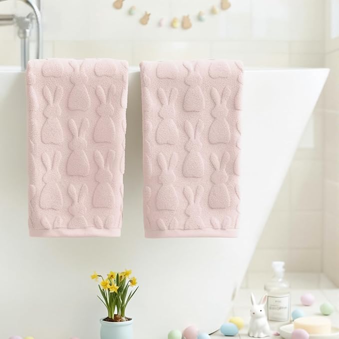 Artoid Mode 2 Pcs Pink 3D Rabbit Jacquard Easter Hand Towels