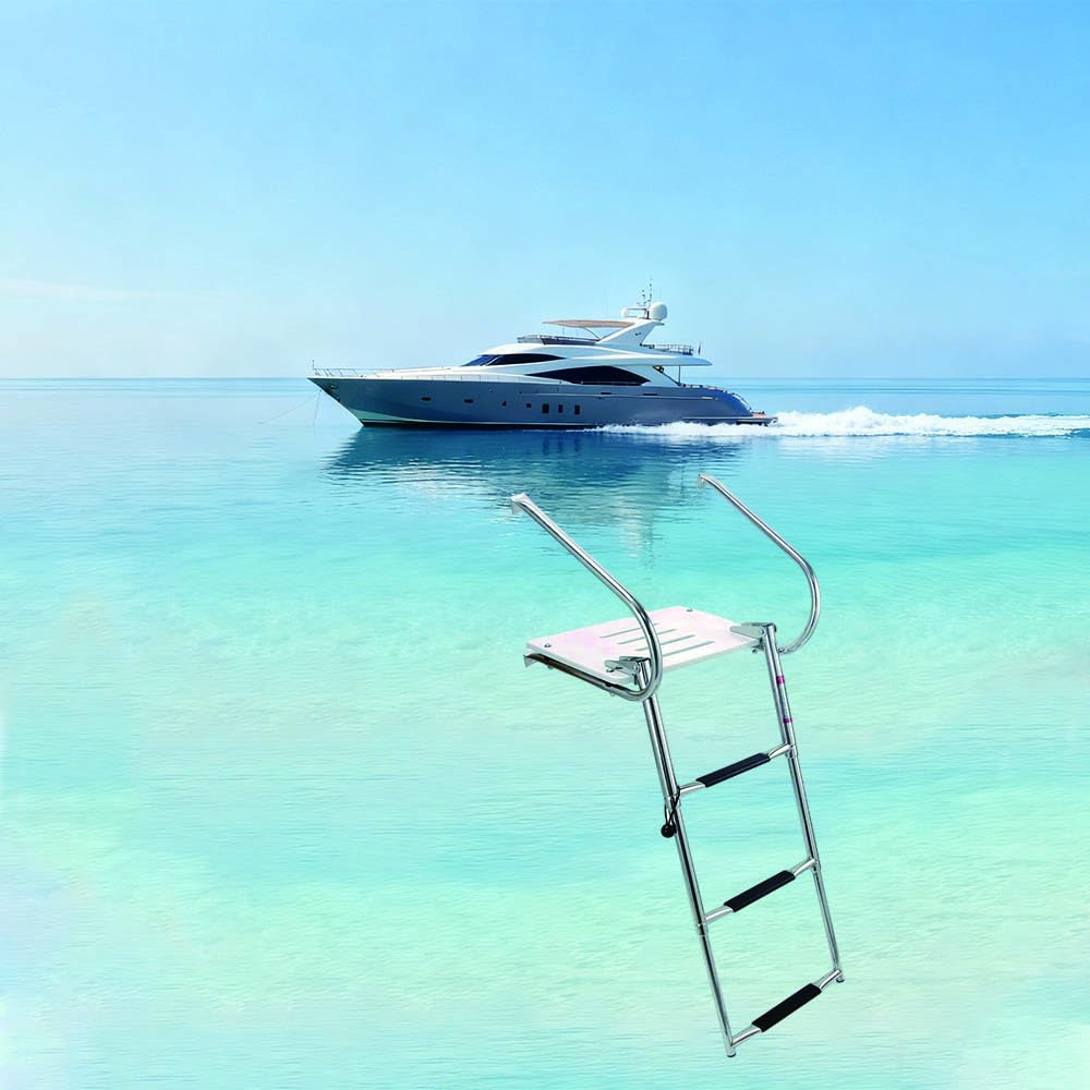 Mojiate Universal Inboard/Outboard Swimming Ladder with Fiberglass Platform, Telescopic Boat Ladder with 2 Handrails, Extendable Folding Stepladder for Marine, Ship, Yacht and More (3 - Step)