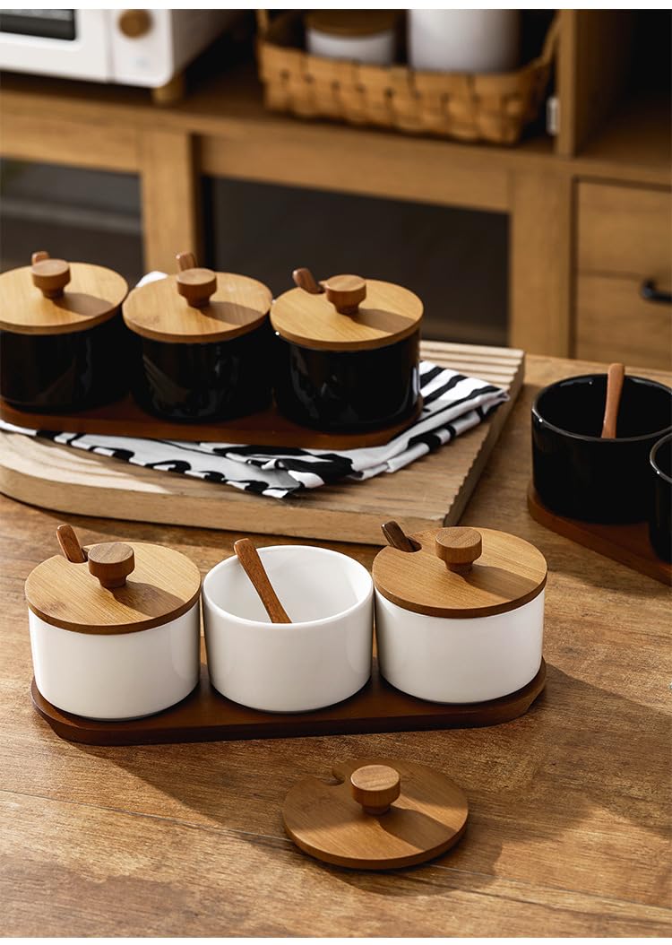 WINRIOO Ceramic Condiment Container with Lids and Spoons，Spice Jars Set of 3 for Sugar Salt Pepper Spice Pots Bowl，with Wooden Tray for Serving, Counter, Home, Kitchen