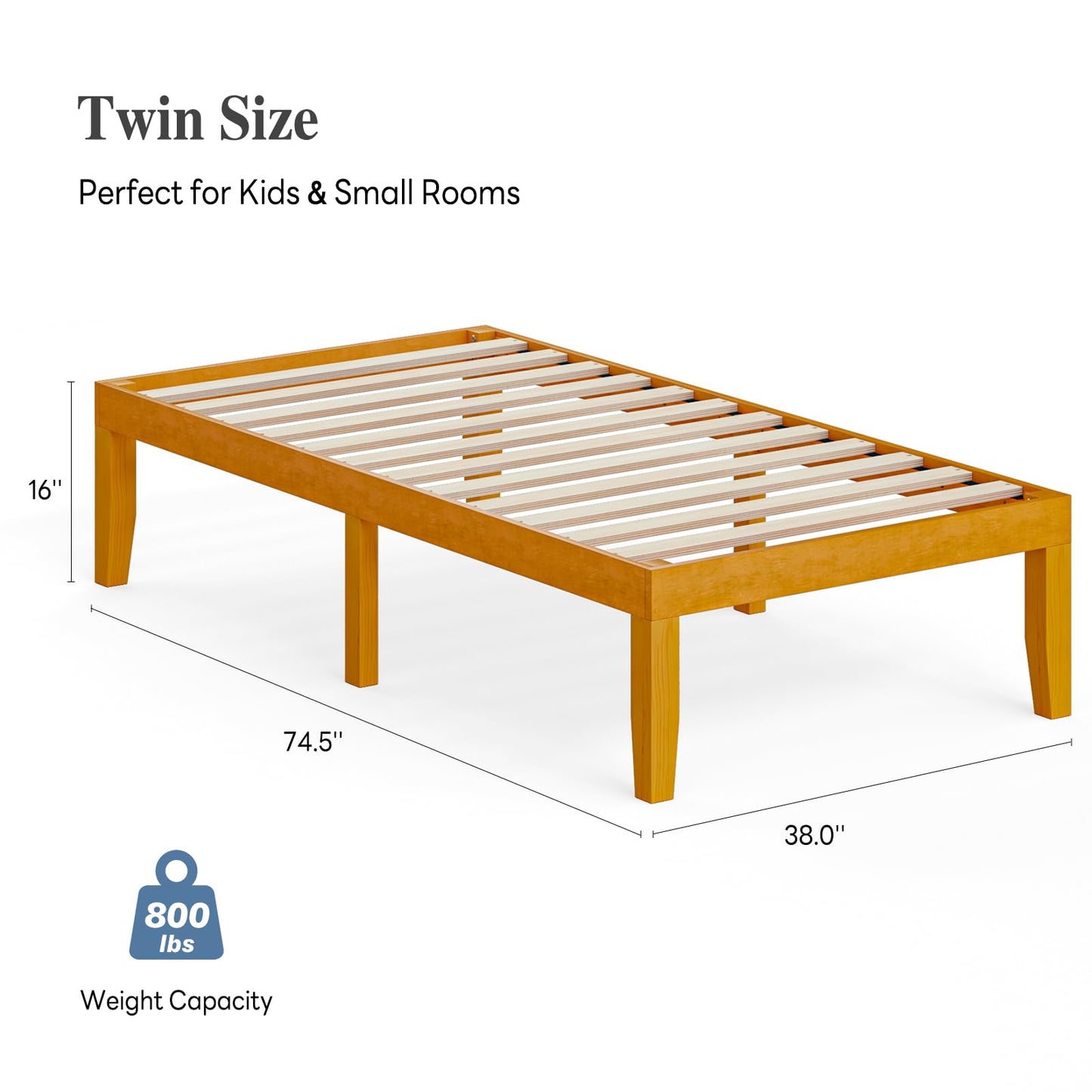 DUMOS Twin Size Solid Wood Bed Frame 16 Inches, Sturdy Platform Bed with Heavy Duty Wood Slat Support, No Box Spring Needed, Easy Assembly, Natural Pine