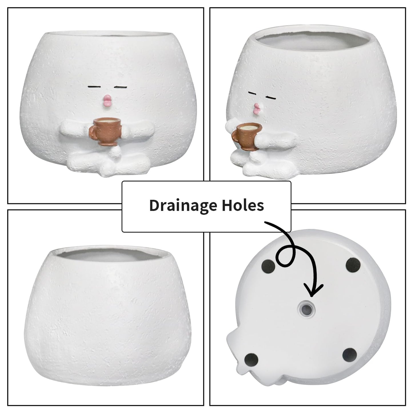 Toparad Smily Face Planter Pot with Coffee Cup Cute Resin Flower Head Planters for Indoor Outdoor Unique Sit Succulent Pots with Drainage Hole Gift IdeaI for Mother Christmas (White)