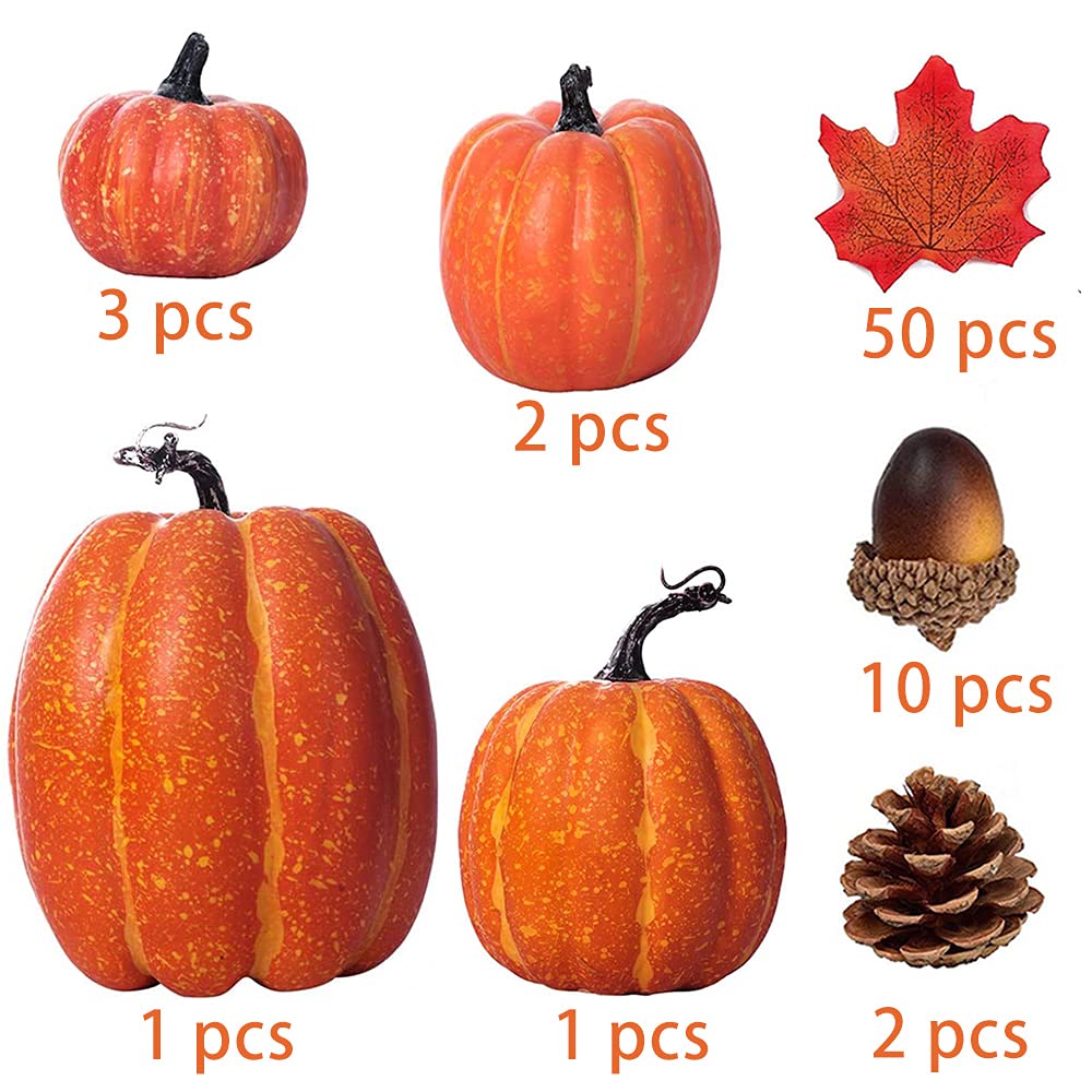 DOJoykey Autumn Decoration Set, Large Size Artificial Pumpkin, Maple Leaves, Pine Cones, Acorns for Autumn Wreath Using, Fall Home Table Thanksgiving Day Halloween Party Decoration