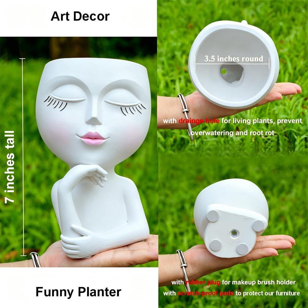 Thinking Face Planter, Funny Plant Pots, Cute Head Flower Pot with Drainage for Indoor Outdoor Succulent/Herb, Unique Minimalist White Vase, Garden Home Office Desk Shelf Art Decor, Women Gift 7"