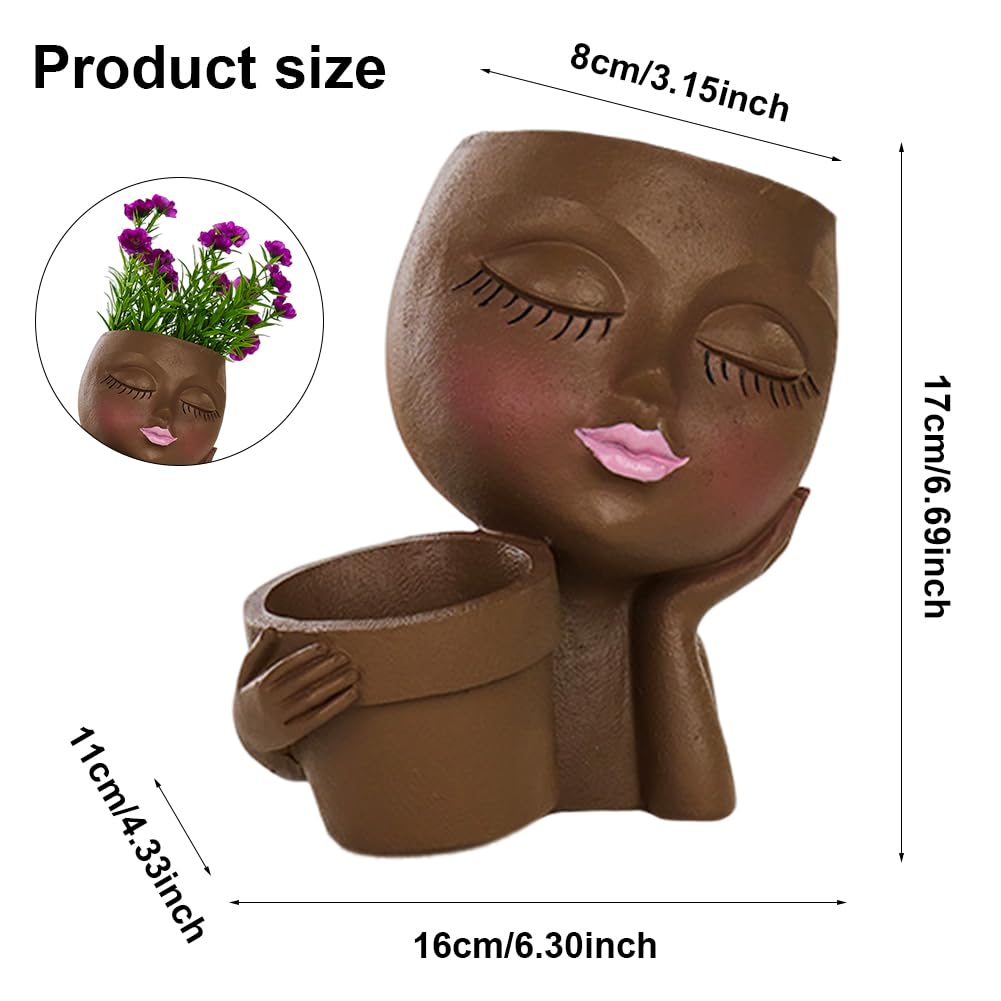 Rivonthex Lady Face Planter Pot with Dual Compartments, Resin, Indoor/Outdoor Succulent Planter, 6.3" x 4.3" x 6.7", with Drainage Holes (Brown, Small)
