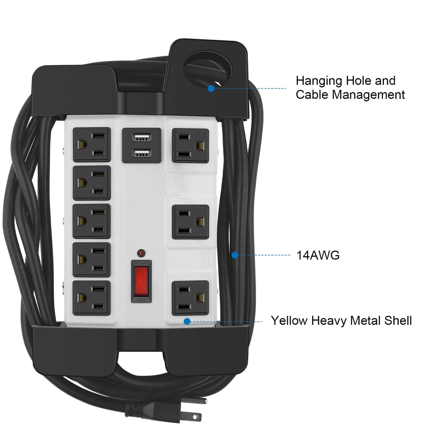 Heavy Duty Power Strip with USB, Workshop 8 Outlet Surge Protector 2700 Joules, Industrial Metal 15Amp Power Strip, 6FT Extension Cord and Wide Spaced. Yellow
