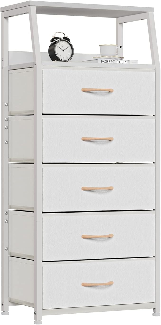 Furnulem White Dresser with 5 Drawers, Vertical Storage Tower Fabric Dresser