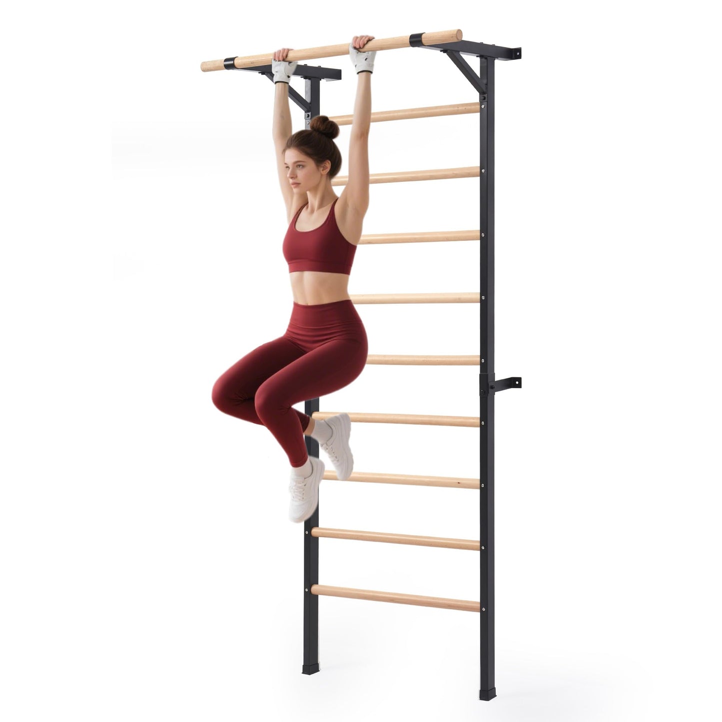 Morohope Solid Beechwood Stall Bar, 90" Swedish Ladder Wall Gym with Pull-up Bar & Dip Station, 220lbs Capacity Wall Mounted Gymnastics Ladder for Home Gym Training, Stretching & Bodyweight Exercise