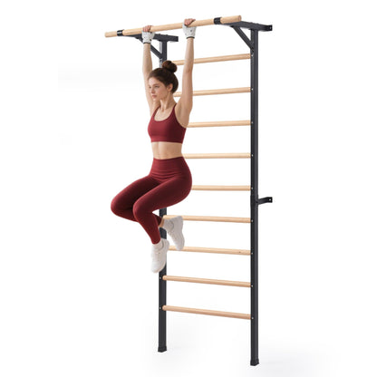 Morohope Solid Beechwood Stall Bar, 90" Swedish Ladder Wall Gym with Pull-up Bar & Dip Station, 220lbs Capacity Wall Mounted Gymnastics Ladder for Home Gym Training, Stretching & Bodyweight Exercise