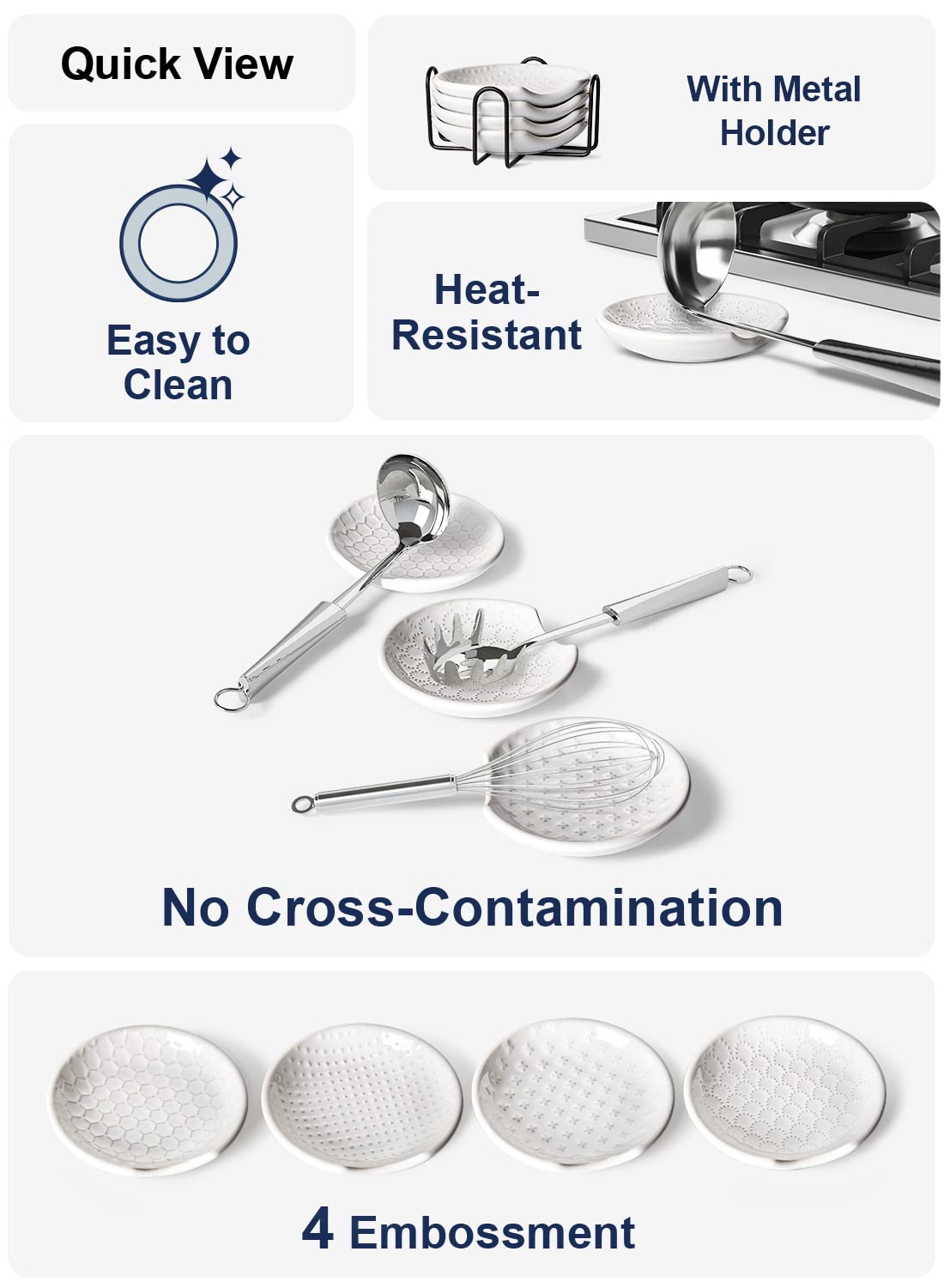 LE TAUCI Ceramic Spoon Rests for Stove Top with Holder, Set of 4 Farmhouse Spoon Holder for Kitchen Counter, 4.8 Inch Heat Resistant Utensil Rest for Cooking & Coffee Bar, Embossed, White