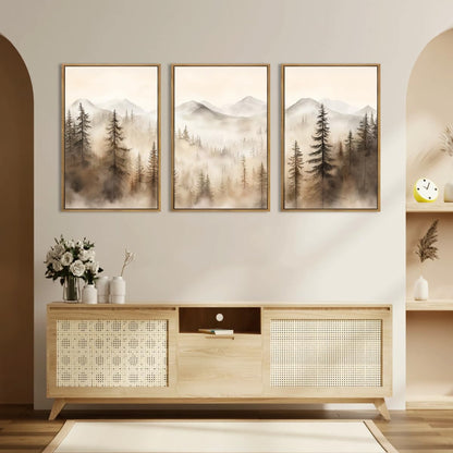 IARTTOP Large Mountain Forest Framed Canvas Wall Art 16x24 Inch Set of 3 Abstract Misty Woodland Painting Modern Farmhouse Art Prints for Living room Dining room